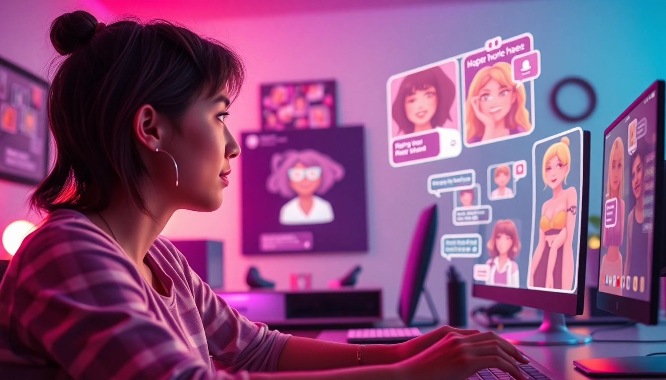 Engaging user interacting with character AI NSFW avatars in a high-tech chat environment