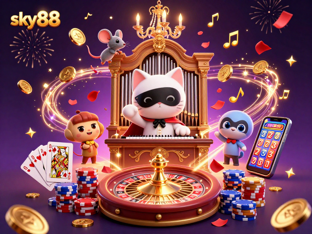 Play at sky88 with thrilling casino elements like spinning roulettes and vibrant poker chips.
