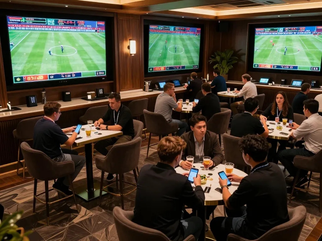 Dynamic sports betting activity at nhà cái bóng đá 388bet with fans analyzing odds and cheering for their teams.