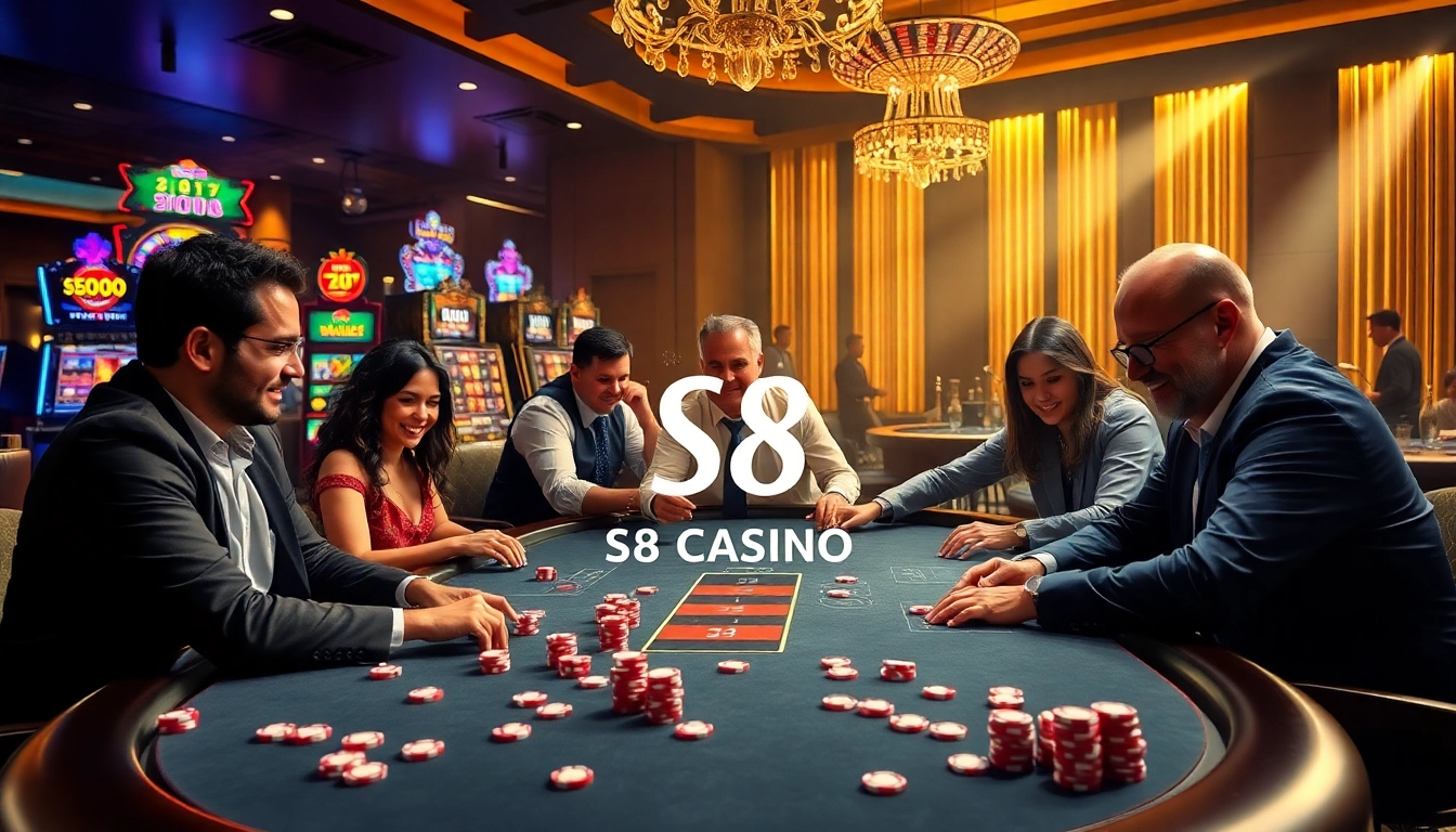 S8 Casino players enjoy an intense poker game under luxurious casino lights.