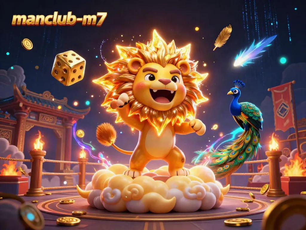 Experience the thrill of manclub-m7's casino universe with a roaring golden lion, dynamic dice, and vibrant game elements.