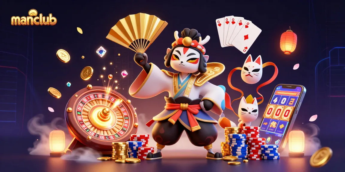 Experience exhilarating wins with manclub in a vibrant casino environment, featuring rich 3D characters and gambling elements.
