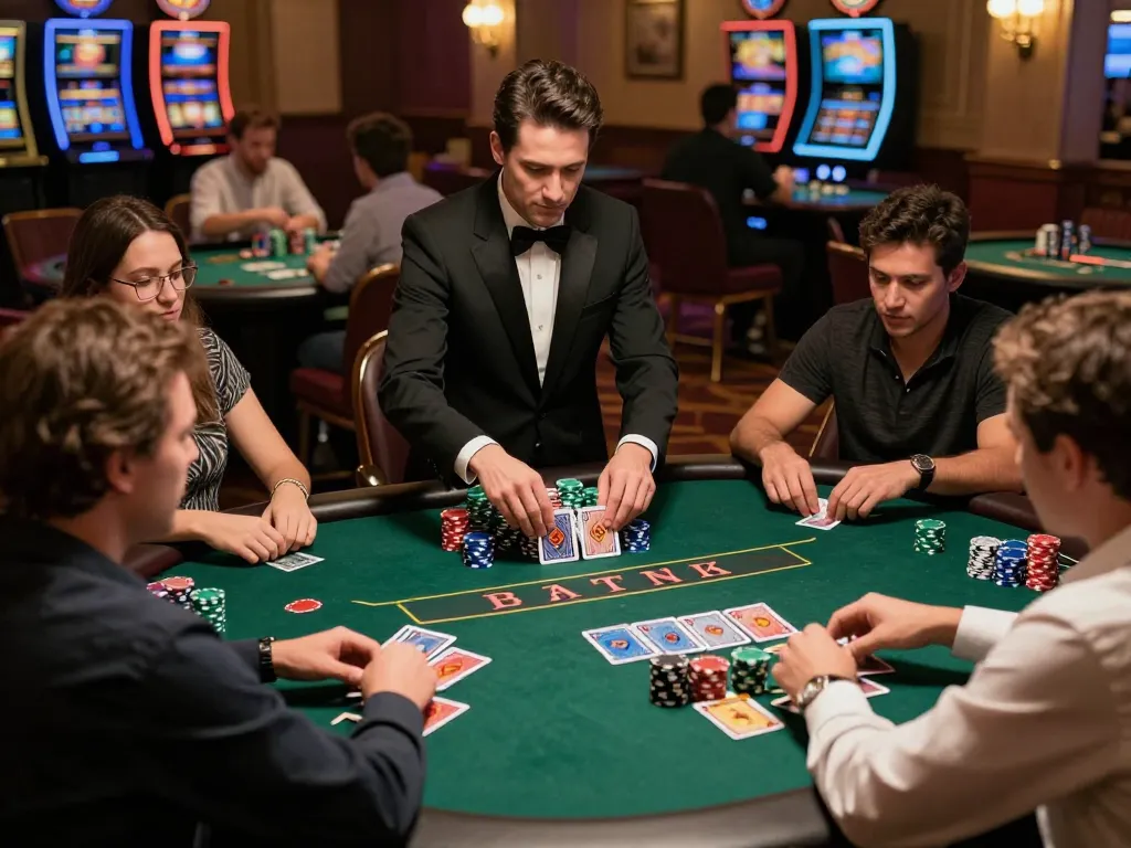Playing blackjack at 98win vin casino, dynamic scene with players focused on their hands and colorful chips visible.