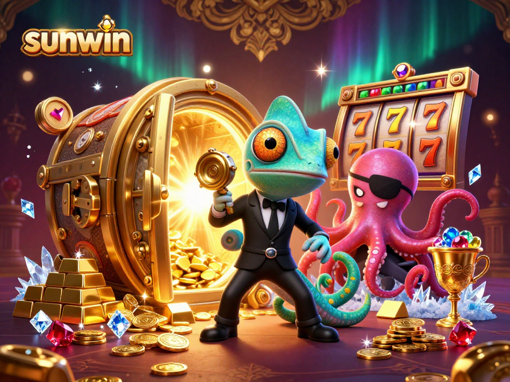 sunwin showcases dynamic 3D casino action with chameleon, gecko, and octopus amid slot reels and treasures.