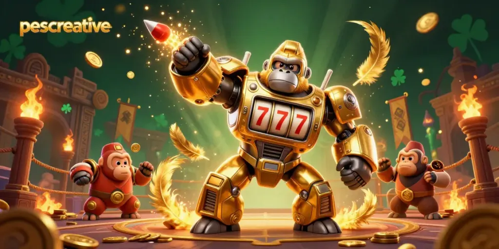 Experience thrilling slots action with pescreative's golden gorilla mech amidst casino elements and vibrant energy.