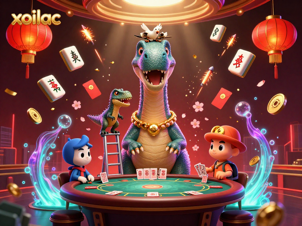 Experience the excitement of xoilac with a vibrant casino scene featuring a playful brontosaurus and clever raptor.