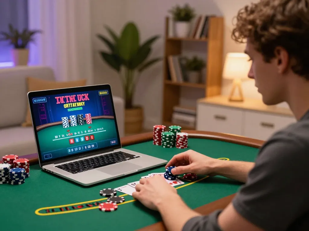 Engaged player enjoying an online blackjack game on 789betviet with cards and chips displayed