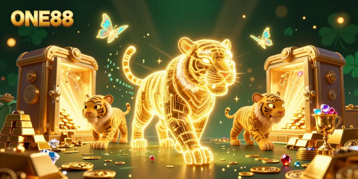 Engage with the ONE88 casino experience with golden treasures and a neon-wireframe tiger illustration.