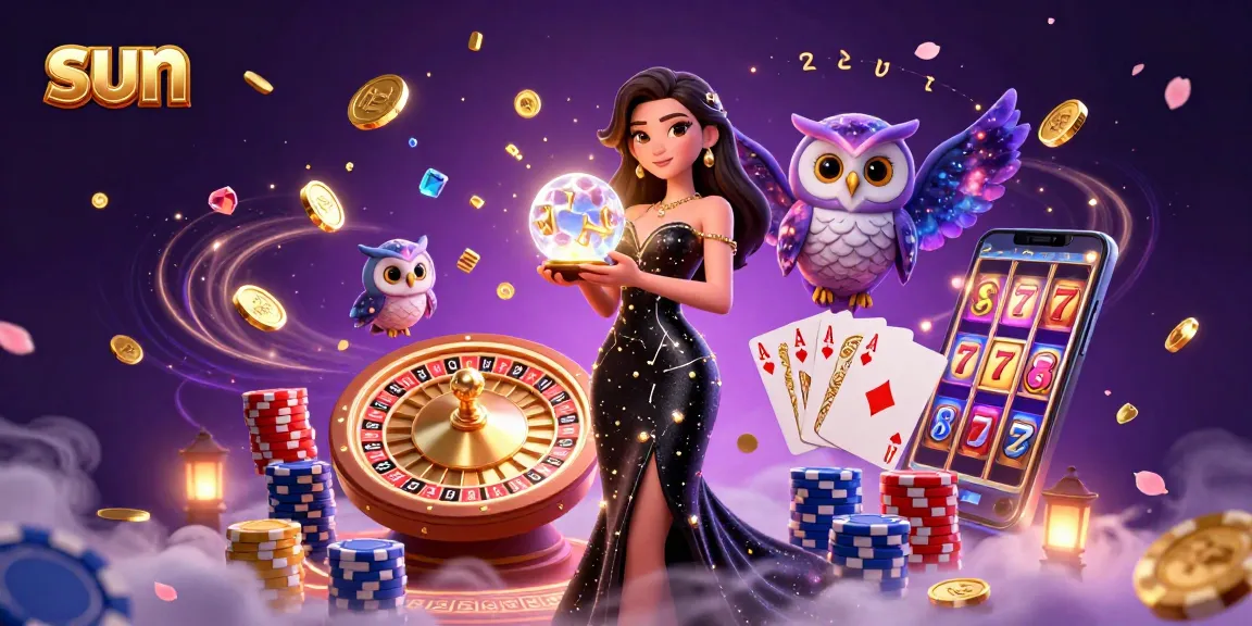 Experience the excitement of the sun-themed casino world, featuring a stunning woman with a crystal ball in a vibrant gaming scene.