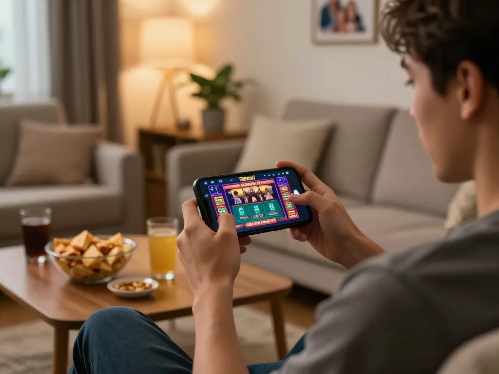 Engaged player using 789win 1 app for a live casino experience in cozy home setting