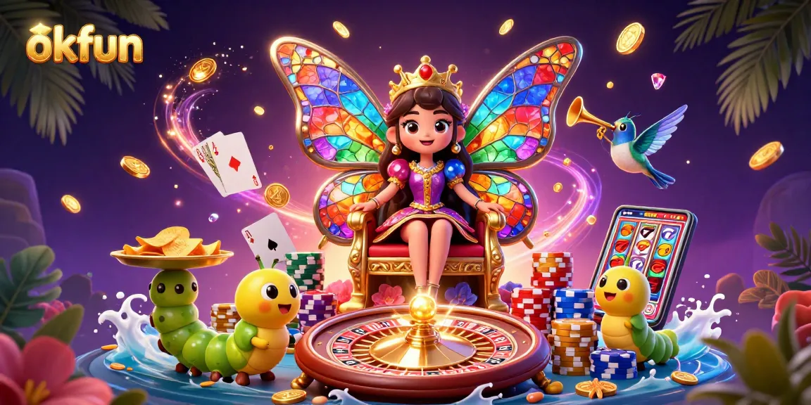 Spin the reels at okfun with a captivating butterfly queen and vibrant casino elements.