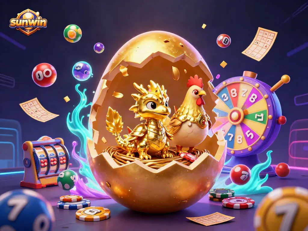 Experience the thrill of sunwin as a golden dragon guards a nest of poker chips amidst vibrant casino elements.