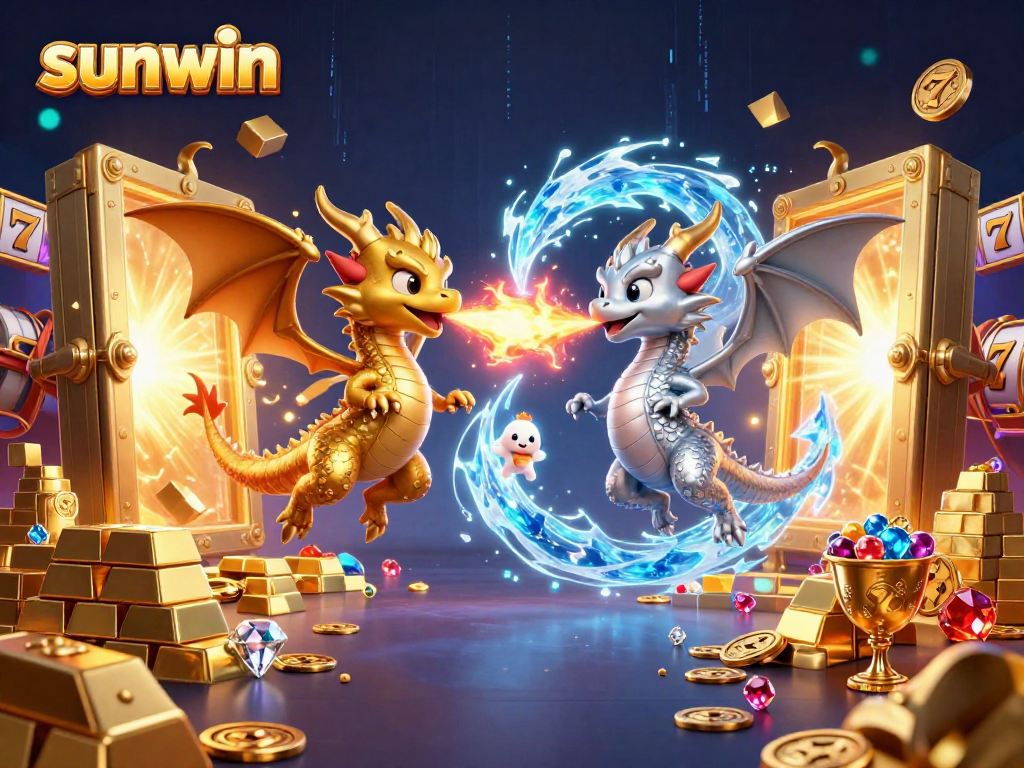 Experience the thrill of sunwin with twin dragons and a treasure vault bursting with riches in this vibrant casino illustration.