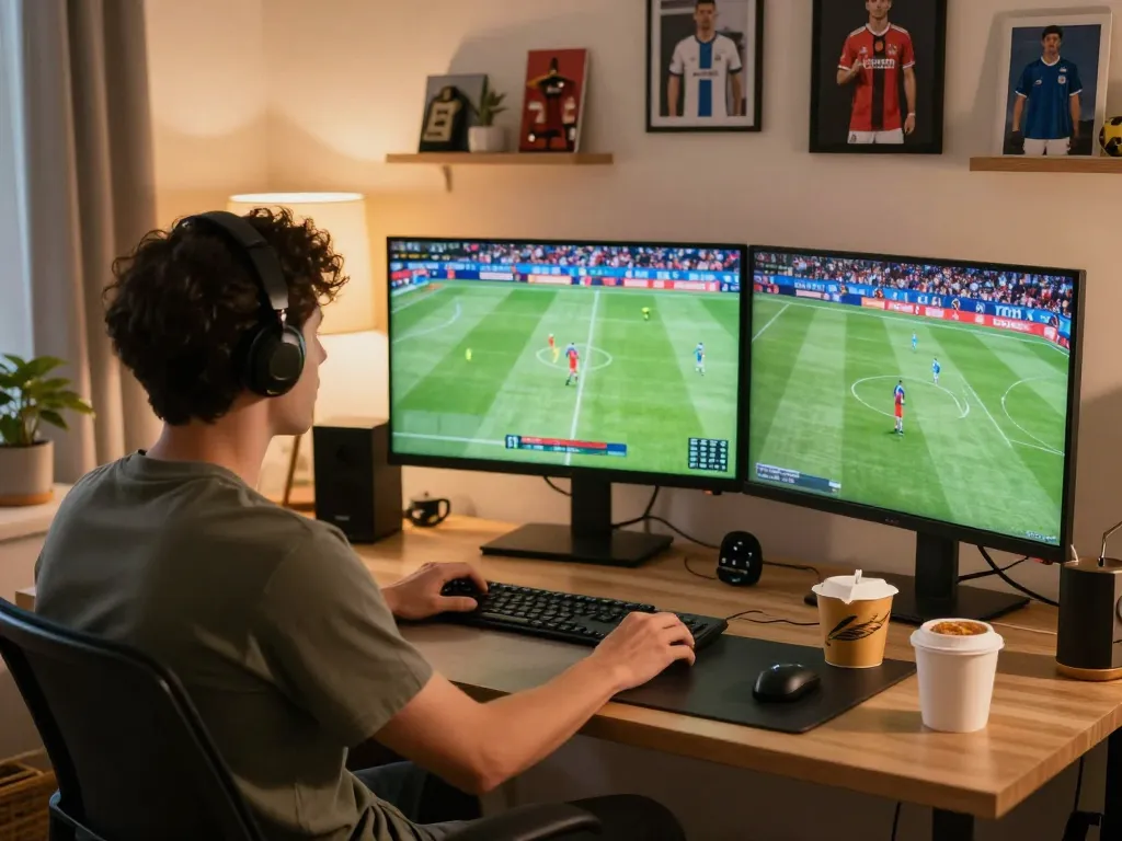 Watching xem trực tiếp bóng đá with enthusiasm using multiple screens, capturing the excitement of live sports.