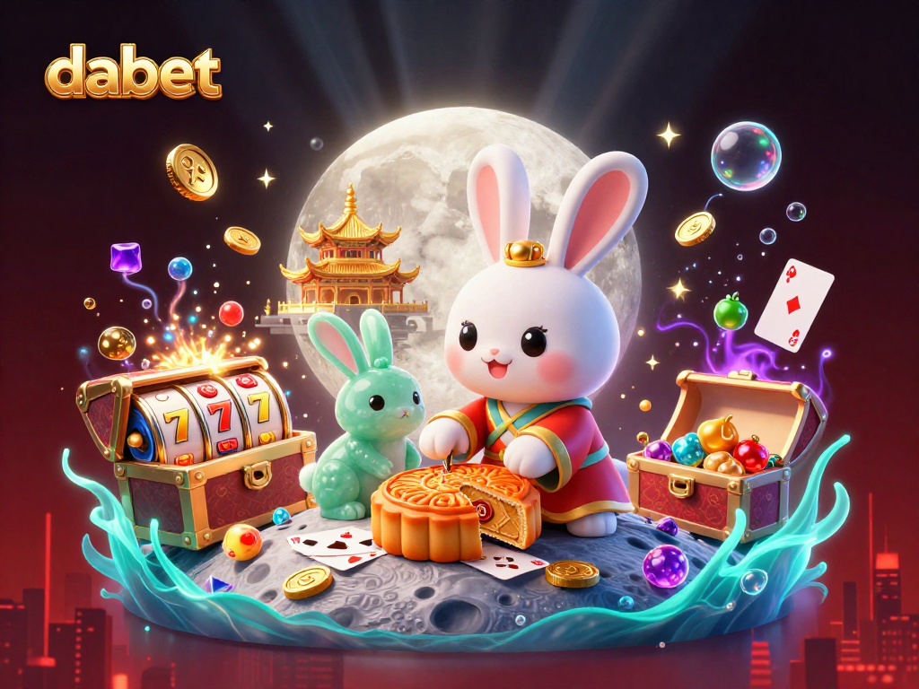 dabet features a vibrant 3D digital art of a moon rabbit revealing poker chips, surrounded by glowing casino elements.