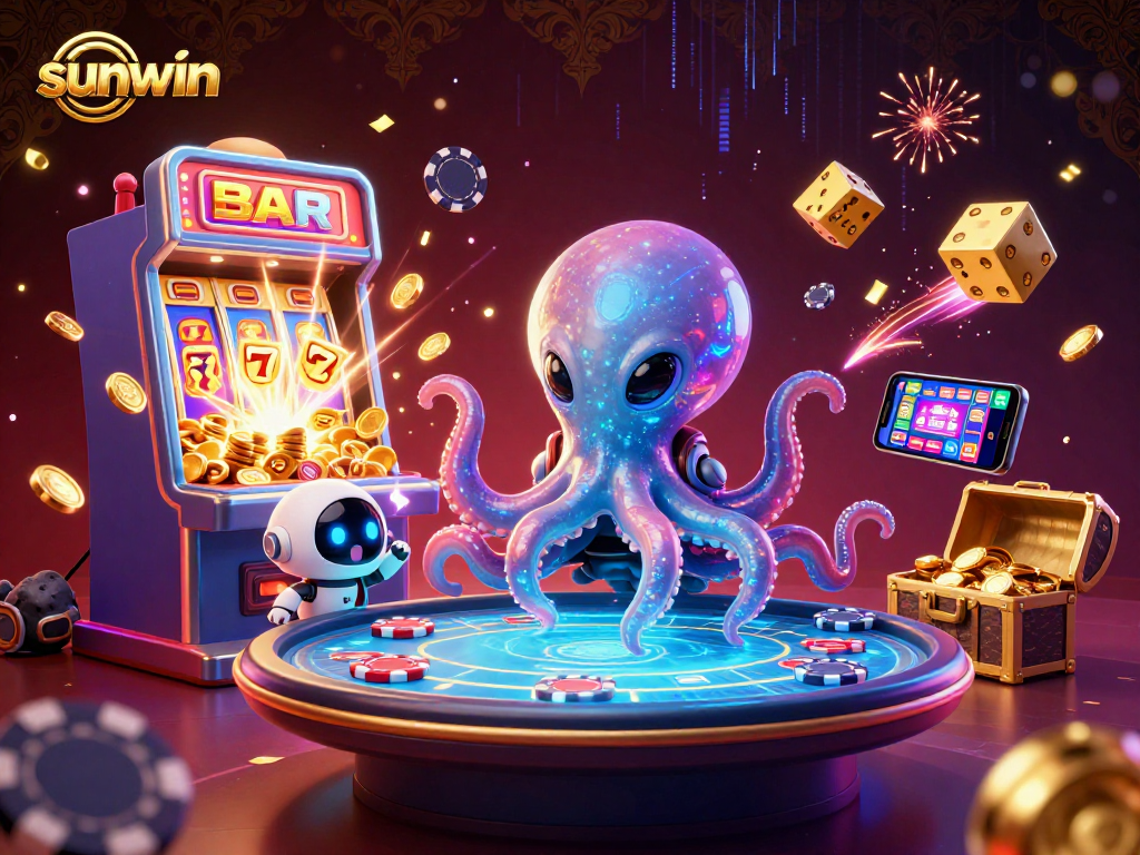 Engage in thrilling gameplay with sunwin's exciting 3D scene featuring an alien octopus at a holographic poker table.