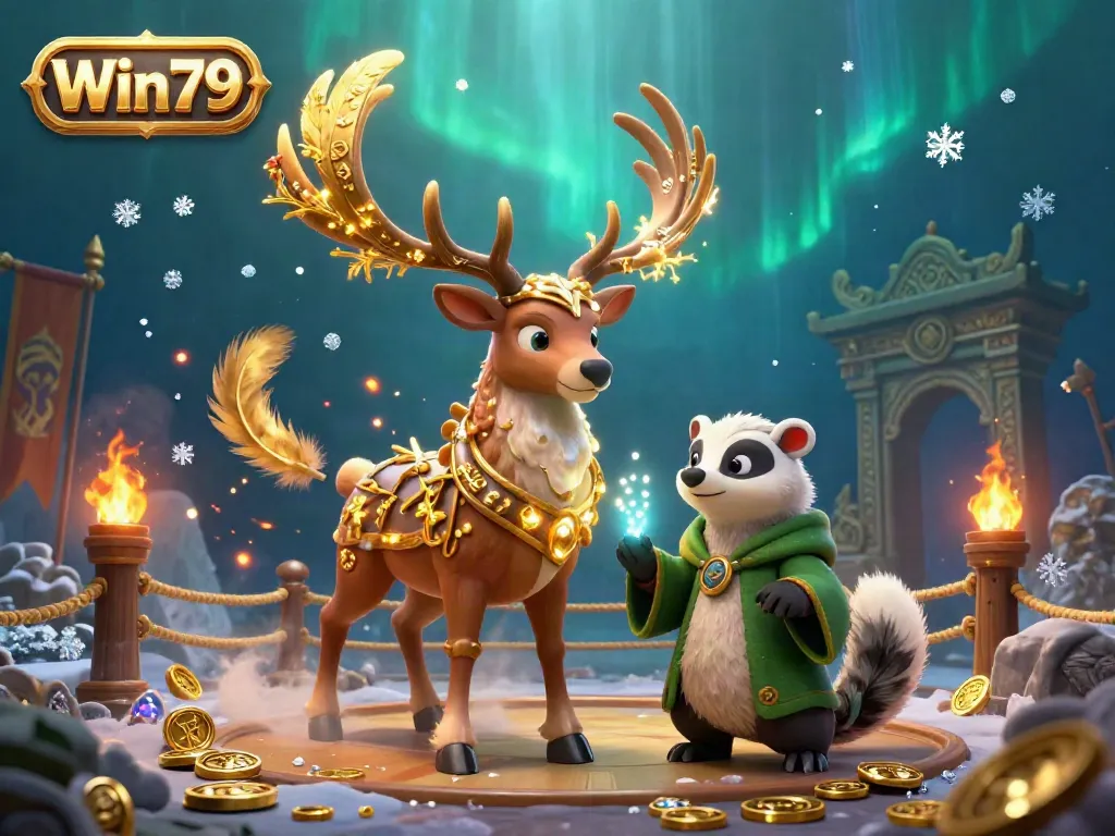 Win79 offers thrilling gaming experiences with a vibrant illustration of a druid stag and wise badger in a magical casino setting.