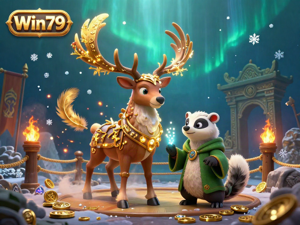 Win79 offers thrilling gaming experiences with a vibrant illustration of a druid stag and wise badger in a magical casino setting.