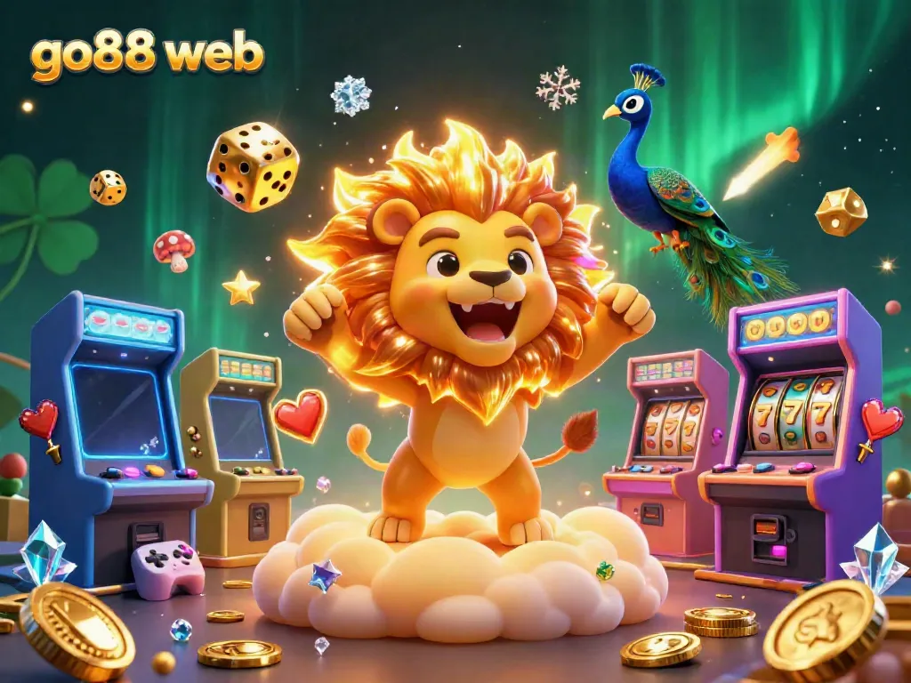 Engage in thrilling games at the go88 web, highlighted by a lively scene with joyful cartoon characters and vibrant casino elements.