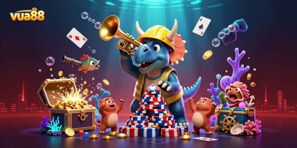 Celebrate wins with vua88 in a vivid casino-themed 3D illustration featuring a triceratops building a casino chip pyramid.