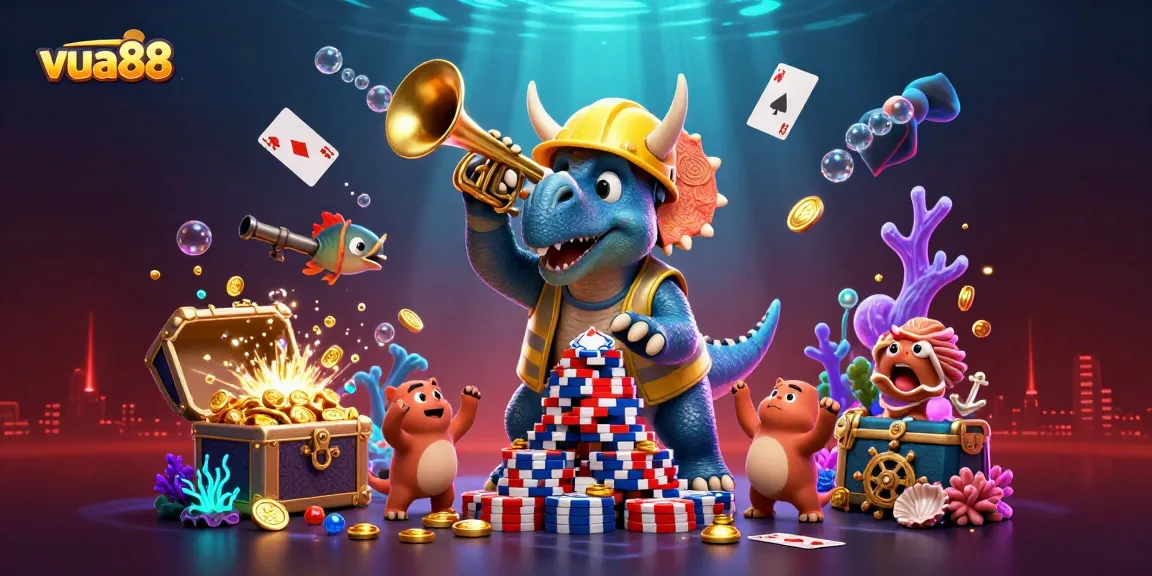 Celebrate wins with vua88 in a vivid casino-themed 3D illustration featuring a triceratops building a casino chip pyramid.