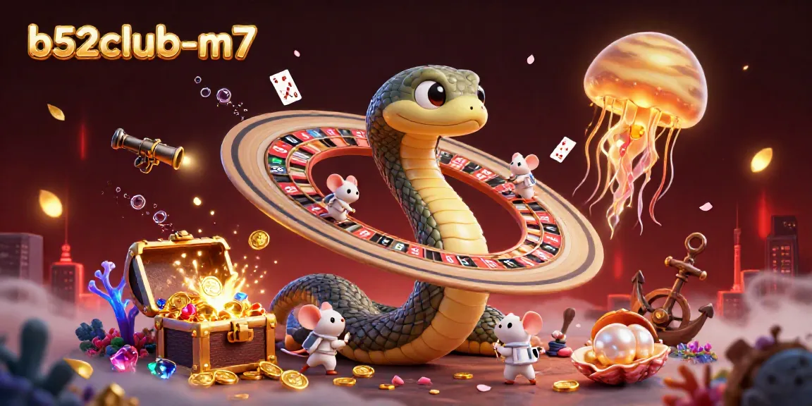 Embark on an adventurous gaming experience at b52club-m7 with a cosmic roulette scene featuring vibrant characters and treasure.