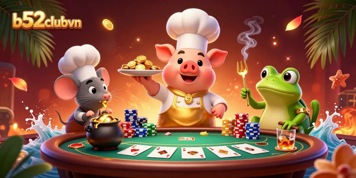 Join the ultimate gaming fun at b52clubvn, featuring a vibrant scene with a chef pig serving golden coins and poker elements.