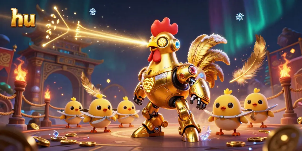 Engage with thrilling gaming at hu, showcasing a golden rooster robot and energetic scene full of casino excitement.