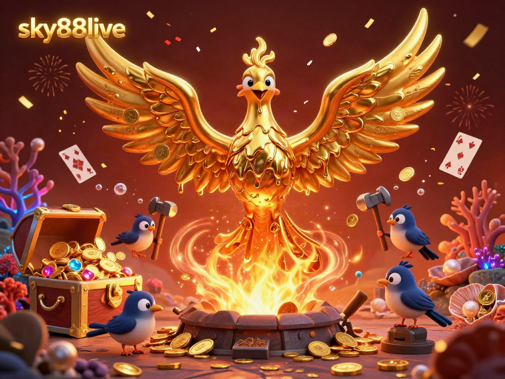 Experience thrilling gameplay with sky88live as a golden phoenix emerges from a forge amidst dazzling treasures and elements.