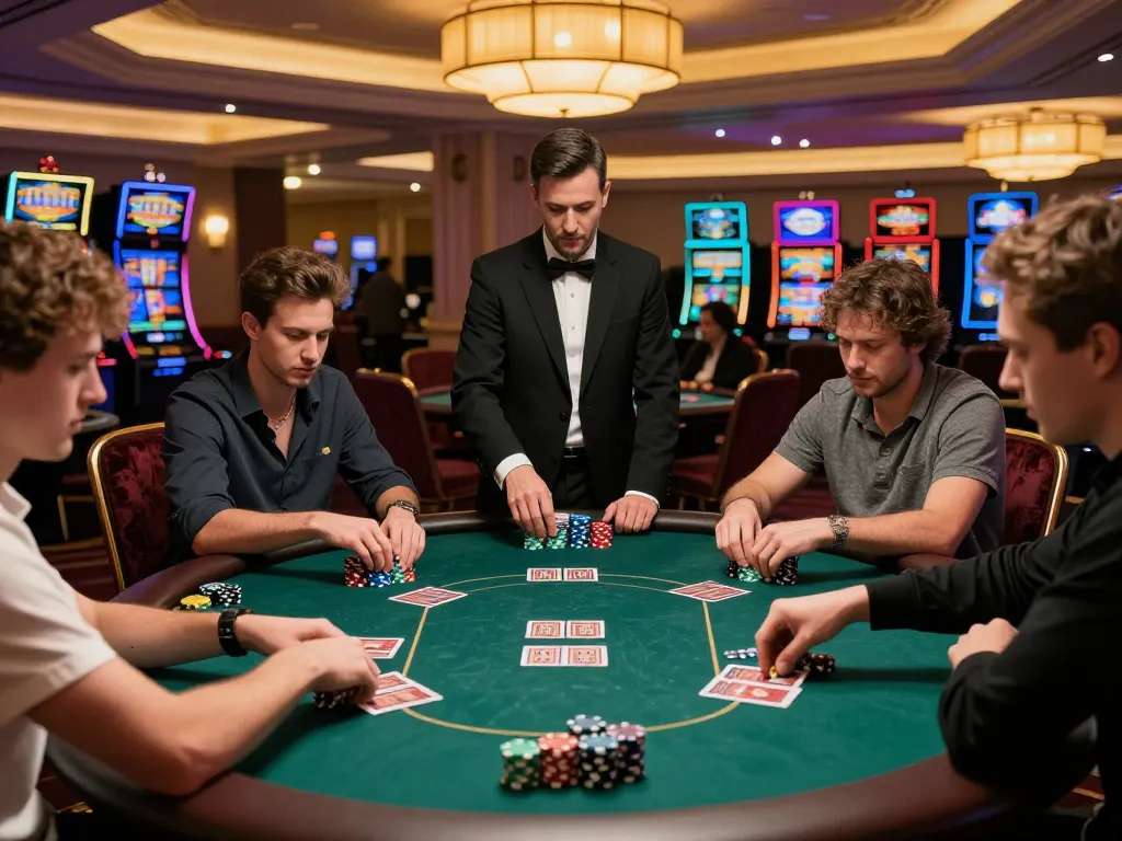 nhà cái 9BET hosts an exciting poker game with players focused on their chips and cards, showcasing strategic gameplay.