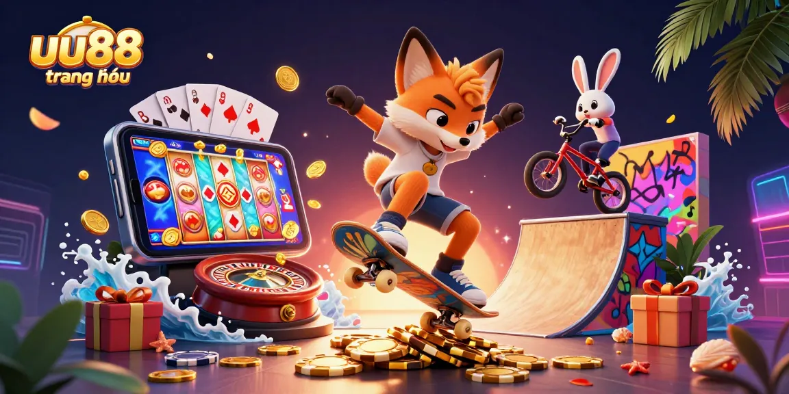 Experience excitement at uu88 trang chủ with this vibrant 3D illustration depicting a lively casino scene.