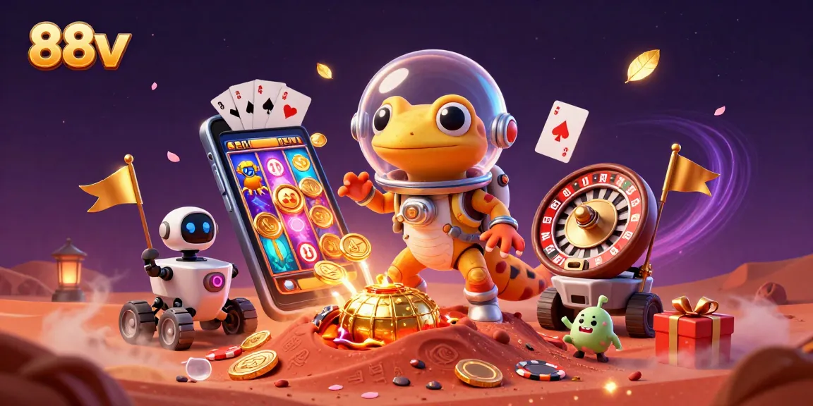Engage with 88vv's vibrant casino adventure featuring a Martian gecko and exciting gaming elements.