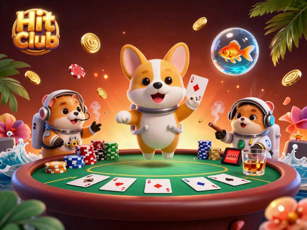 Hit club scene with a 3D cartoon astronaut corgi, mission-control hamster, and goldfish in a space station casino.