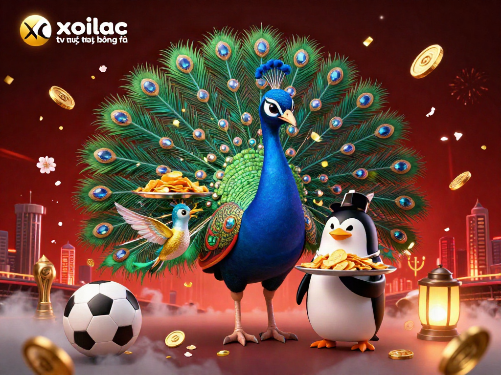 Xoilac tv trực tiếp bóng đá captures an exciting scene with a peacock, butler penguin, and hummingbird amidst sports betting elements.