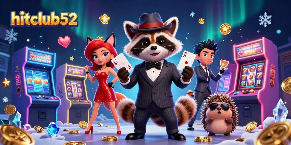 Experience excitement with hitclub52's casino games featuring a raccoon, fox, and hedgehog.