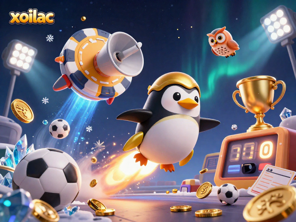 Experience thrilling gaming action with xoilac as a golden penguin zooms through space to a casino!