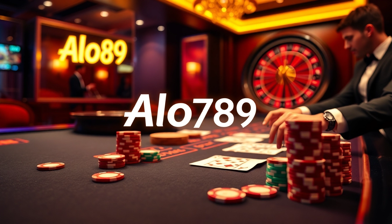 Alo789 branding displayed in a luxurious casino setup with players engaged in exciting card games.