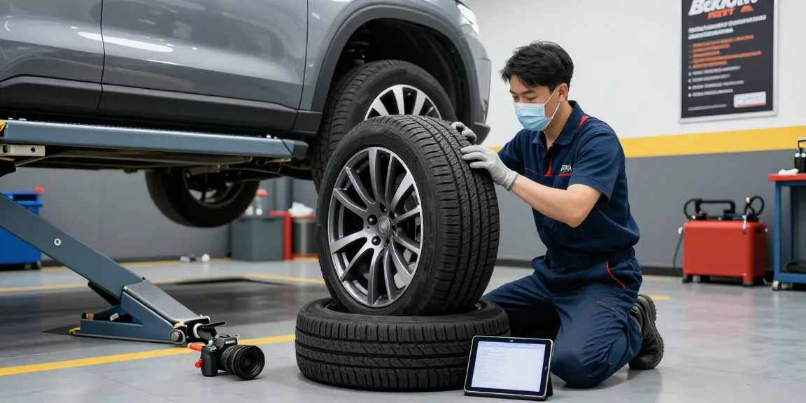 Professional mechanic working on a Double Coin RR99 tire in a well-lit garage with essential tools.