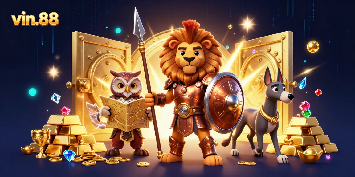 Experience thrilling gameplay at vin.88 with a vibrant 3D casino illustration featuring rich treasures and dynamic characters.