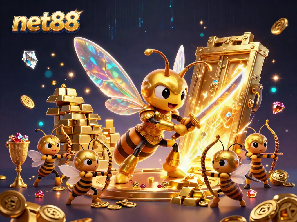 Experience thrilling gameplay at net88, featuring a golden hornet in samurai armor surrounded by dazzling treasures and colorful elements.