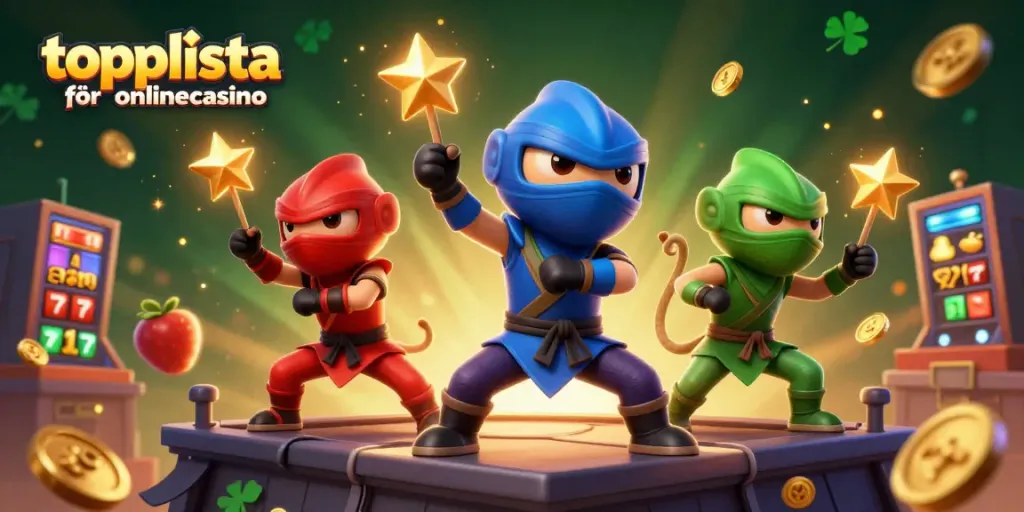 Upptäck vår topplista för onlinecasino med kameleontkaraktärer som utför ninja-moves bland slotspel och guldmynt.