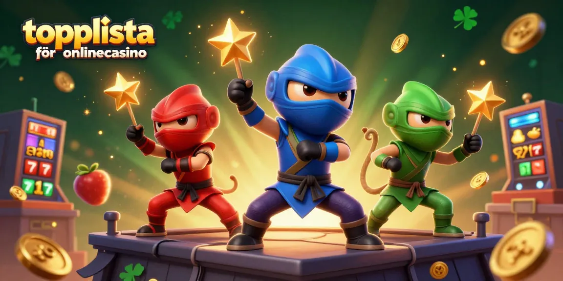 Upptäck vår topplista för onlinecasino med kameleontkaraktärer som utför ninja-moves bland slotspel och guldmynt.