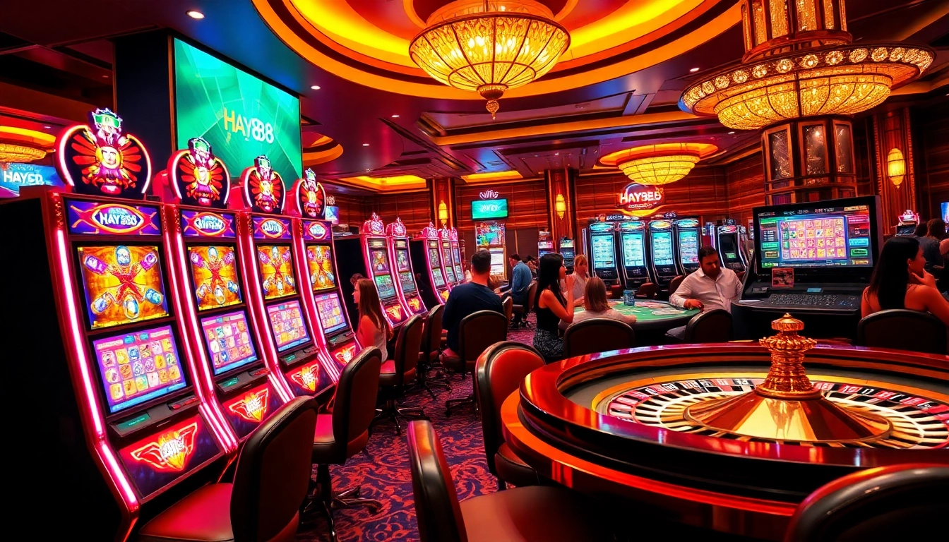 Experience excitement and luxury at https://hay88.my/ with vibrant slot machines and an elegant poker table at a high-stakes casino.