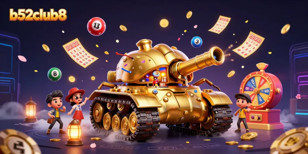 Bets soar as players enjoy thrilling games at b52club8's vibrant miniature casino within a golden tank illustration.