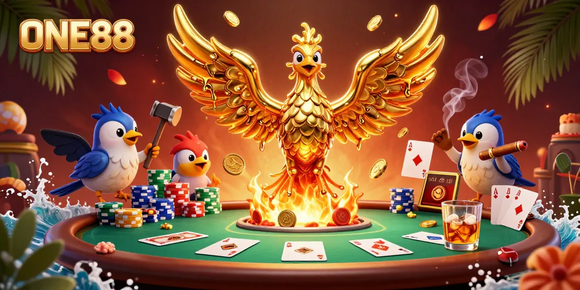 Experience ONE88's luxurious casino vibe with a dynamic poker scene featuring a molten golden phoenix.