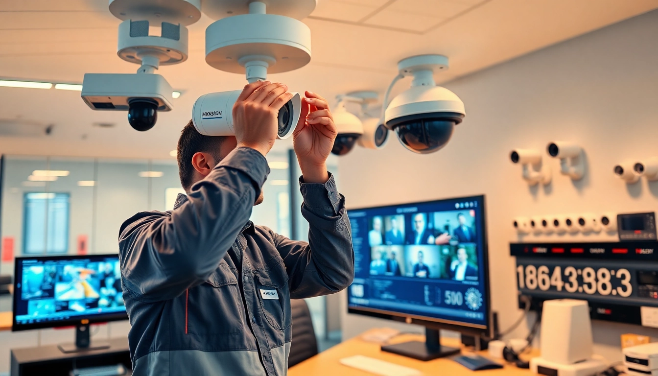 Un técnico experto de una empresa de seguridad instalando cámaras de CCTV, mostrando tecnología de seguridad avanzada para empresas y hogares.