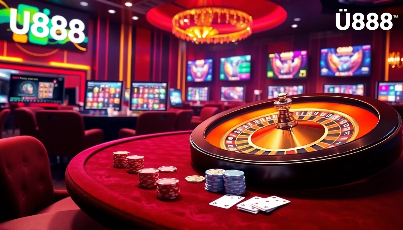 U888 online casino scene with enriching poker games and vibrant roulette action.