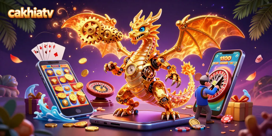 Cakhiatv showcases a vibrant scene with a golden dragon and gaming elements, highlighting exhilarating gambling adventures.