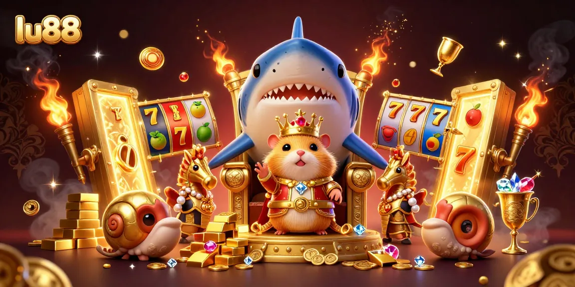 lu88 showcases a lively casino scene with a hamster king among treasure, jackpot elements, and vibrant gems.