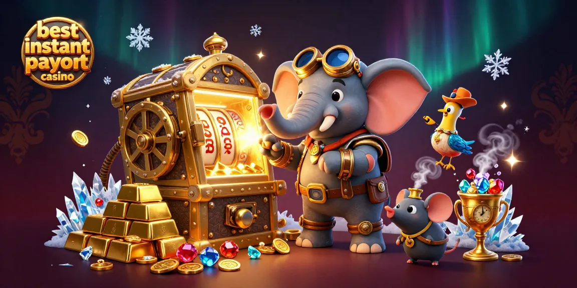 Experience the best instant payout casino with this vibrant steampunk-themed illustration filled with gold and jewels.